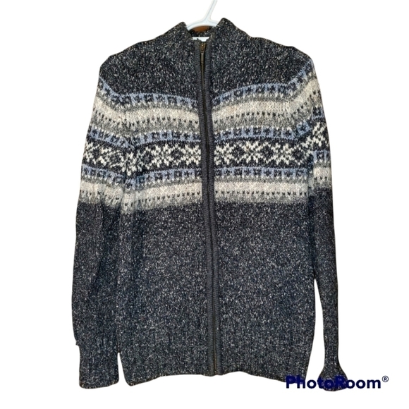 GREY black cream fair isle knit cotton wool blend zip up sweater - Picture 1 of 6